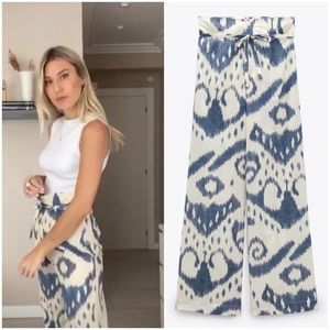 𝗡𝗪𝗧 𝗭𝗮𝗿𝗮 • Printed High-Waist Trousers Straight Leg Tie Belt L Blue Cream